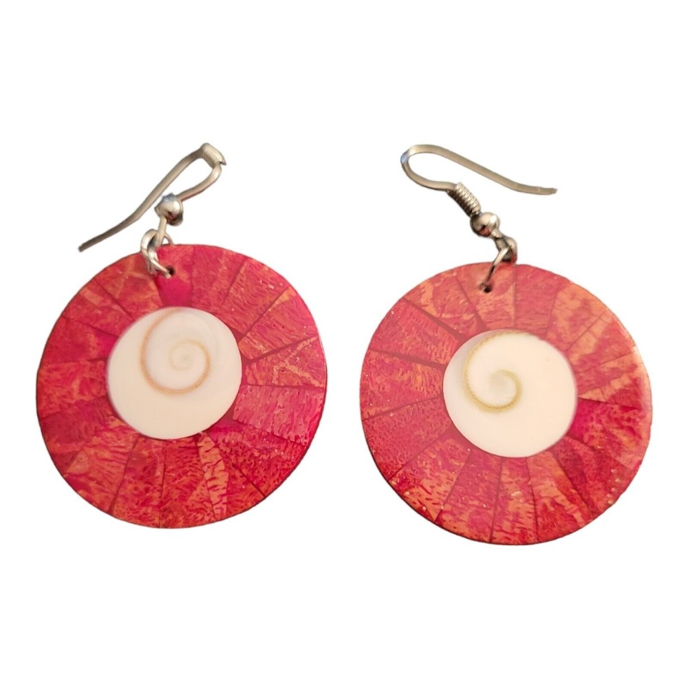 Shiva Eye Cone Shell Earrings Handcrafted Boho Hippie Red Gold White
